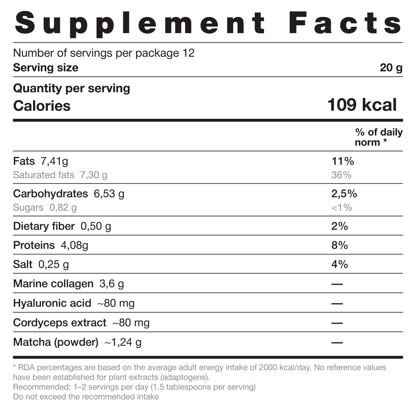Supplement facts label with nutritional information on a white background