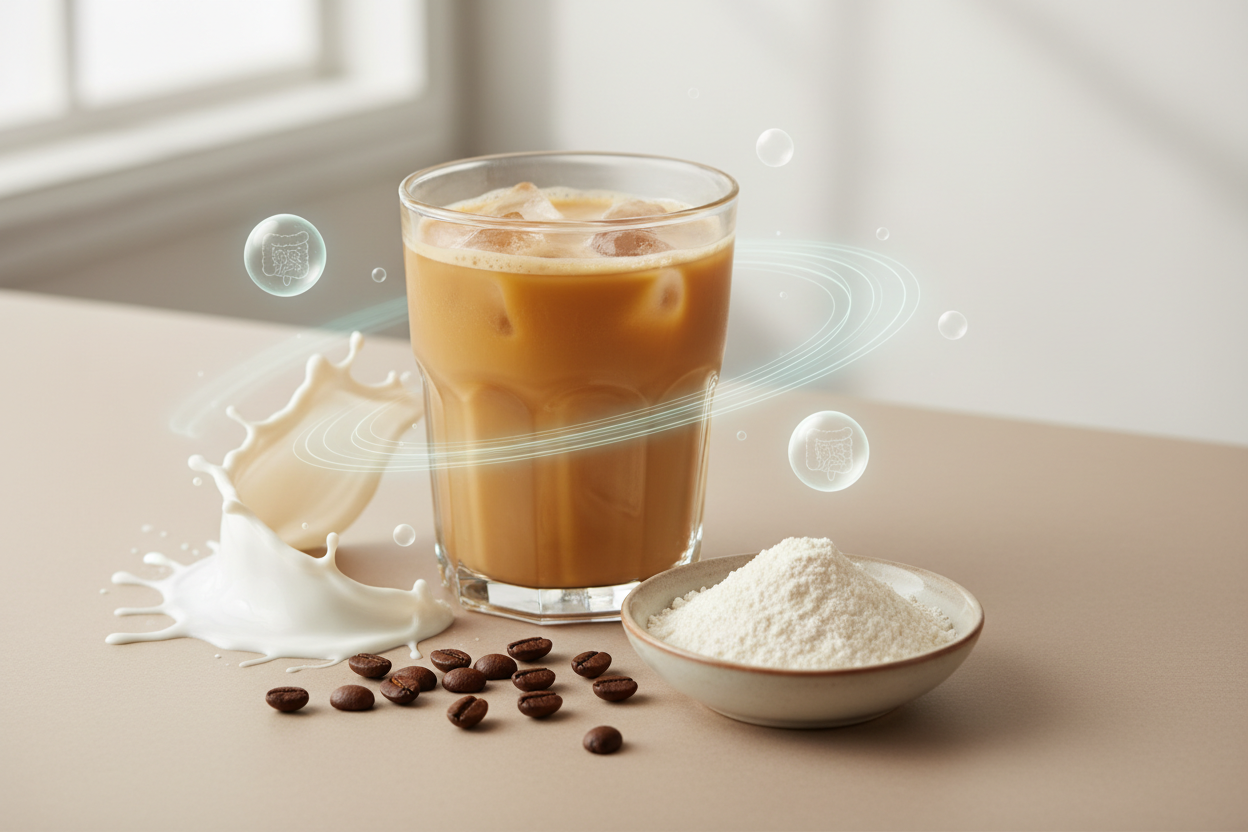 A clean, modern product lifestyle image showing a glass of protein coffee alongside its key ingredients: whey protein powder in a small bowl, coffee beans, a splash of creamy liquid, and subtle abstract elements representing digestive support. Neutral beige background, soft natural lighting, minimal styling, premium wellness aesthetic. No text, no logos, no people.