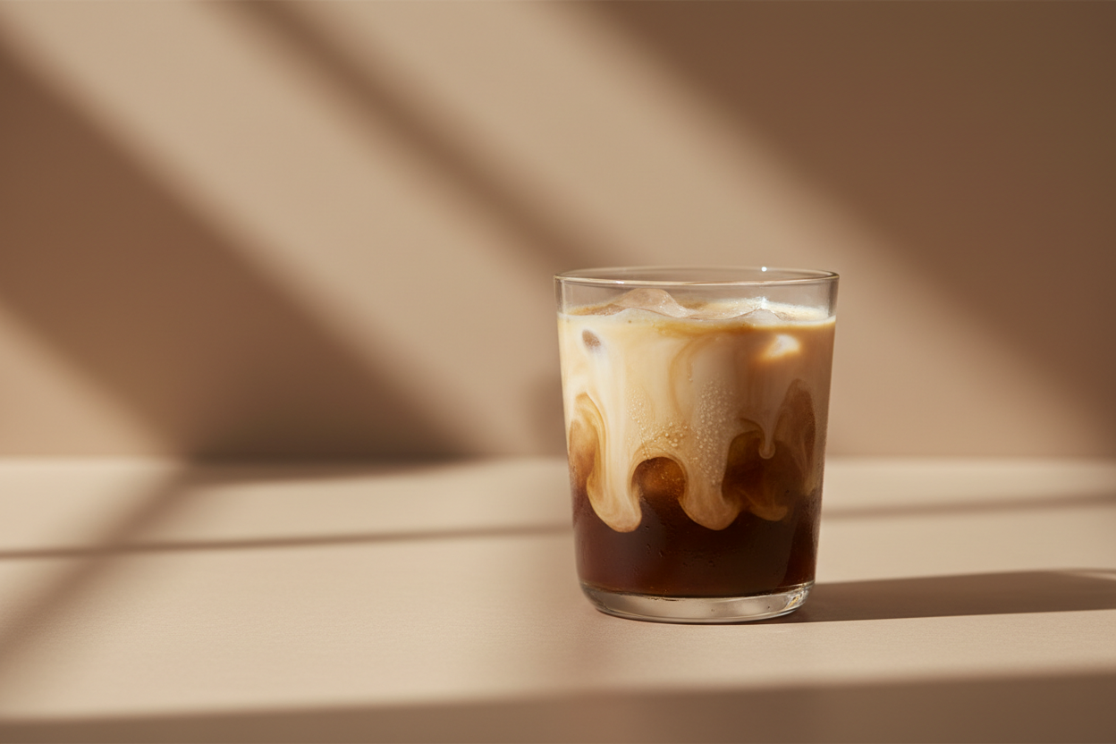 A minimal lifestyle image of a creamy iced protein coffee on a warm neutral background, with soft visual cues of energy and focus such as gentle light rays or subtle motion blur. Calm, balanced mood, modern wellness style, no icons, no text, no branding.