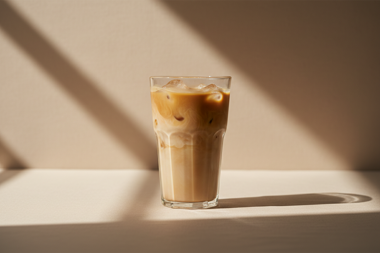 A minimal lifestyle image of a creamy iced protein coffee on a warm neutral background, with soft visual cues of energy and focus such as gentle light rays or subtle motion blur. Calm, balanced mood, modern wellness style, no icons, no text, no branding.